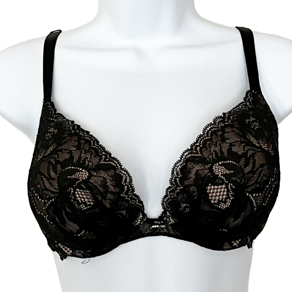 Victoria Secret Bra Womens 32DD Black Nude Plunge Padded Lace Overlay Underwire